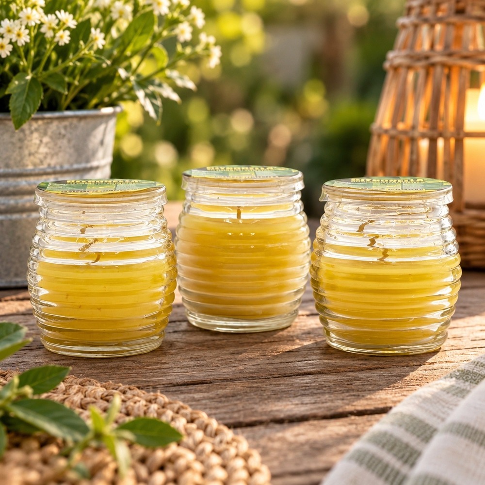 Citronella Garden Candles Set of 3 Yellow Ribbed Glass Outdoor Patio Summer